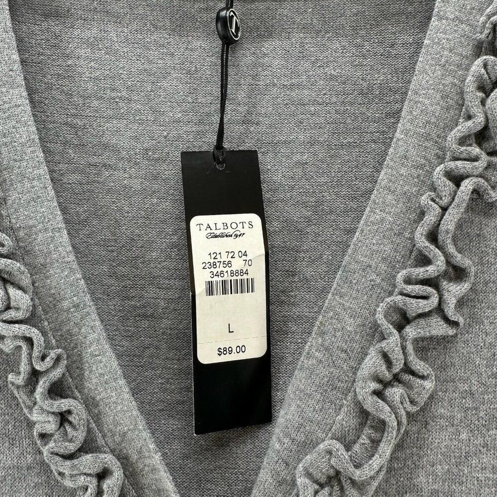Talbots Cardigan Sweater Womens L Button Up V-Neck Ruffle Placket 4-Pocket Gray - Picture 6 of 12
